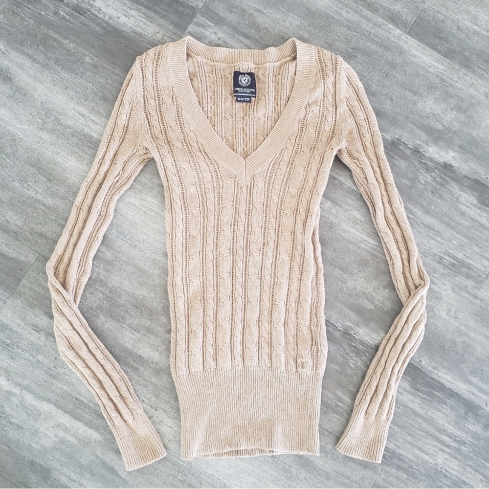 Light Chocolate Detailed AEO Vneck Sweater